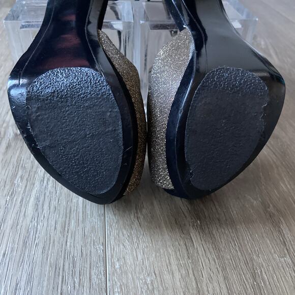 Sam Edelman Stiletto Heel Sz 7 Black Suede Gold Peep Toe Ankle Strap - Picture 12 of 14